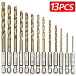 13PC HSS TITANIUM COATED DRILL BIT SET 1/4" HEX SHANK 1.5-6.5mm BITS HIGH SPEED