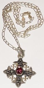 VTG Sterling Silver Crusader Jerusalem Cross Necklace Pendant w/Purple Gemstone☚