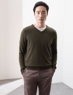 M&S - Autograph Mens Cashmere V-Neck Long sleeved Jumper in Khaki