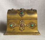 Antique c1860 Gothic Revival Gilt Brass Stationary Box Inset Malachite Cabochon