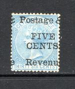(301)     Ceylon QV 1885 (Wmk CC, p14) Surch 5c. on 36c. Blue SG156 M/Mint