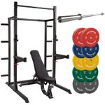 GM2 Half Power Rack Set With Bench Barbell and 150kg Coloured Weight Plates