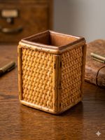 Vintage 1970s Burnt Bamboo & Rattan Desk Organizer | Boho MCM Pencil Holder