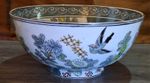 Large 10" Vintage Japanese Porcelain Bowl - Moriage Enamels - Birds & Chrysanths