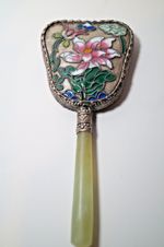 Vintage Cloisonne small hand mirror with Jade handle ,very pretty