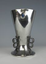 Liberty & Co Polished Pewter Vase, 3 Mottled Stones, Attributed to Oliver Barker