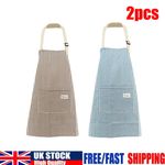 2x Chef Apron Striped Cooking Kitchen Aprons Neckband Pockets Apron Women & Men