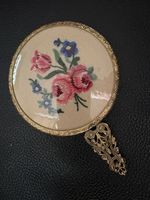 Vintage Small Hand Mirror Embroidered Flowers Gold Tone Handle 3" Diameter
