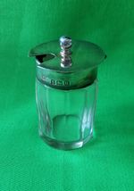 Antique glass mustard pot with sterling silver lid. Birmingham 1919, H Matthews