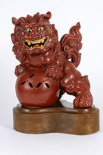 Japanese Mid-20thCentury Foo Dog Lamp Red Ceramic Guardian Lion w/ Brass Fitting