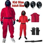 Kid Adult Squid Red Jumpsuit Villain Uniform Mask Halloween Cosplay Costume Game