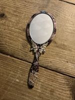 Beautiful Butterfly And Flower Jeweled Enamel Hand Mirror 2 Sided Very Pretty