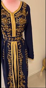 Women's Kaftan Dress Moroccan Navy Blue Gold Embroidered Polyester