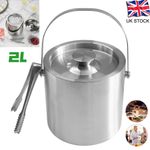 2L Ice Bucket + Tongs & Lid Insulated Double Walled Stainless Steel Ice Cooler