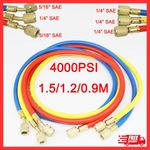 3Pcs Set 1/4 SAE Refrigerant Charging Hose 4.9ft R410A Gauge 800-4000PSI