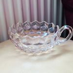 Unmarked Clear Glass Round Bowl with Handle, Starburst Pattern Base