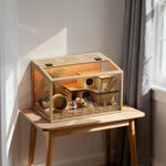 Wooden Glass Hamster Cage LED Hamster Habitat Playpen for Small Animal Viewing