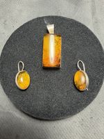 Vintage Baltic Amber Sterling Silver Pendant & 925 Earrings Set