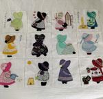 Quilt Blocks Sunbonnet Sue Appliqued Squares with Embellishments x 12 Incomplete
