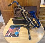LA Sax Blue & Gold Lacquered Eb Alto Saxophone, Beginner, Pearl Inlay, Case