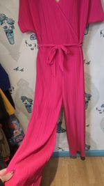 Gorgeous Hot Pink V Neck Belted Wide Leg Plisse Jumpsuit, Next 14