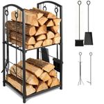 Firewood 2 Tier Rack Log Holder Fireplace Wood Storage with Hooks 4 Tools Black