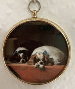 King Charles Spaniels, Edwin Landseer 1845, Small Miniature In Round Brass Frame