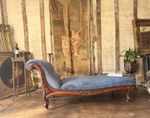 Rare Elegant Antique Walnut Carved Blue Statement French Chaise Longue Daybed