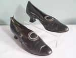 Antique Edwardian Shoes Ladies Black Leather Court Steel Rhinestone Buckle c1910
