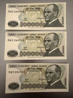 Rare Trio Sequential 10 Turkish Lira Banknotes 1970 6th Emission