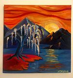 Hensman Signed blue willow Landscape Acrylic Canvas Painting Unframed Medium