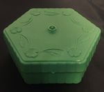Vintage Retro Plastic Green Hexagonal Box w/Floral Embossed Lid Marked “RTC”