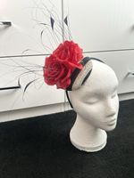 Maddox Red, Black Striped Feathered Fascinator Straw Wedding Races worn once