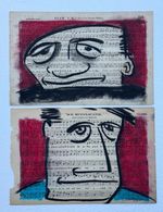 LOT 2 ORIGINAL BARBERA SIGNED PASTEL DRAWING-PAINTING ON MUSIC SHEET FACE FACES