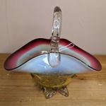Vintage Art Glass Basket Bowl Hand Blown Antique Green Cranberry Cased Murano