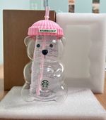 New Starbucks Bearista Pink Bear Glass Tumbler Cold Cup with Straw 20oz 591ml UK