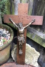Crucifix Antique 1920s French bronze & oak wall cross Art Deco monastery chapel
