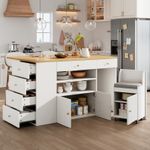 Adjustable Kitchen Island w/ Rolling Bar Stools 6 Drawers Storage Cabinet White
