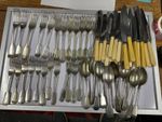 Cutlery 12 Place/60 Pieces Antique Vintage Assortment Fiddle Pattern Faux Bone