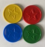 PLASTIC TOKENS EMBOSSED STAR - BAG OF 100 - (25 BLUE 25 GREEN 25 RED 25 YELLOW)