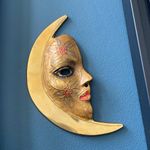Crescent Moon Face Wall Mounted Brass Mask, Enamel - Whimsygoth vintage 