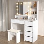 Dressing Table Vanity Makeup Desk Set with LED bulbs Mirror and Stool 5 Drawers