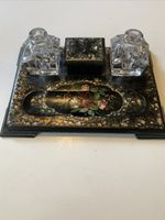 Victorian double inkwell desk stand, black lacquered base mother of pearl inlay