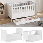 New Cot Bed White Baby Nursery Crib Convertible Toddler Bed w/Mattress&Drawer