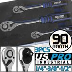 US PRO Ratchet Handle Set 90T 1/4" 3/8" 1/2" Drive Soft Grip Socket Wrenches