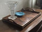 Vintage Walnut Veneer Serving Tray c.1940s – Brass Corners & Adjustable Feet