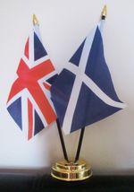 UNION JACK AND ST ANDREW SCOTLAND NAVY TABLE FLAG SET 2 flags plus GOLDEN BASE