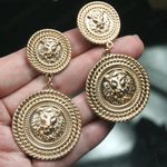 CLIP ON large MATT GOLD EARRINGS big LIONS textured metal MEDALLION vintage styl