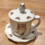 Andrea by Sadek Baby Owls Owl Cup & Saucer Set w/ Lid Microwave Safe Thailand
