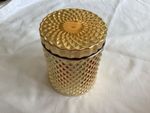 Gold Coloured Glass Jar with Lid. Excellent Condition.  4 3/4 Inch Tall 3 3/4 W